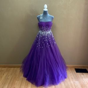 Full floor length purple gown, strapless